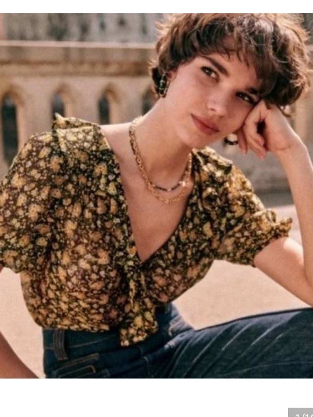 Sezane Irena Floral Short Sleeve Blouse Top Ruffle 36 - Picture 2 of 7